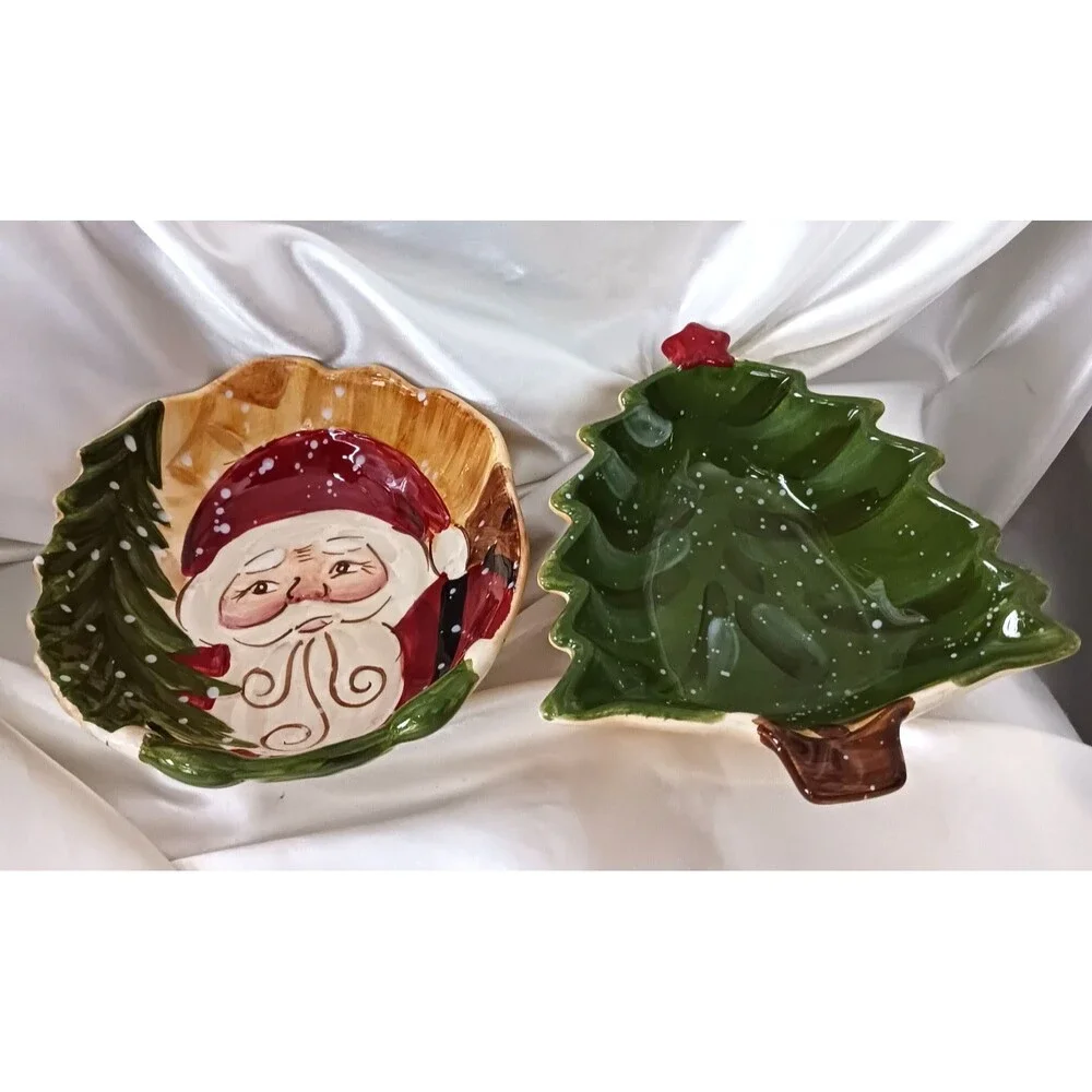 DARIO FERRUCCI DESIGNS HAND PAINTED CHRISTMAS 6'' BOWLS SANTA TREE-LOT OF 2